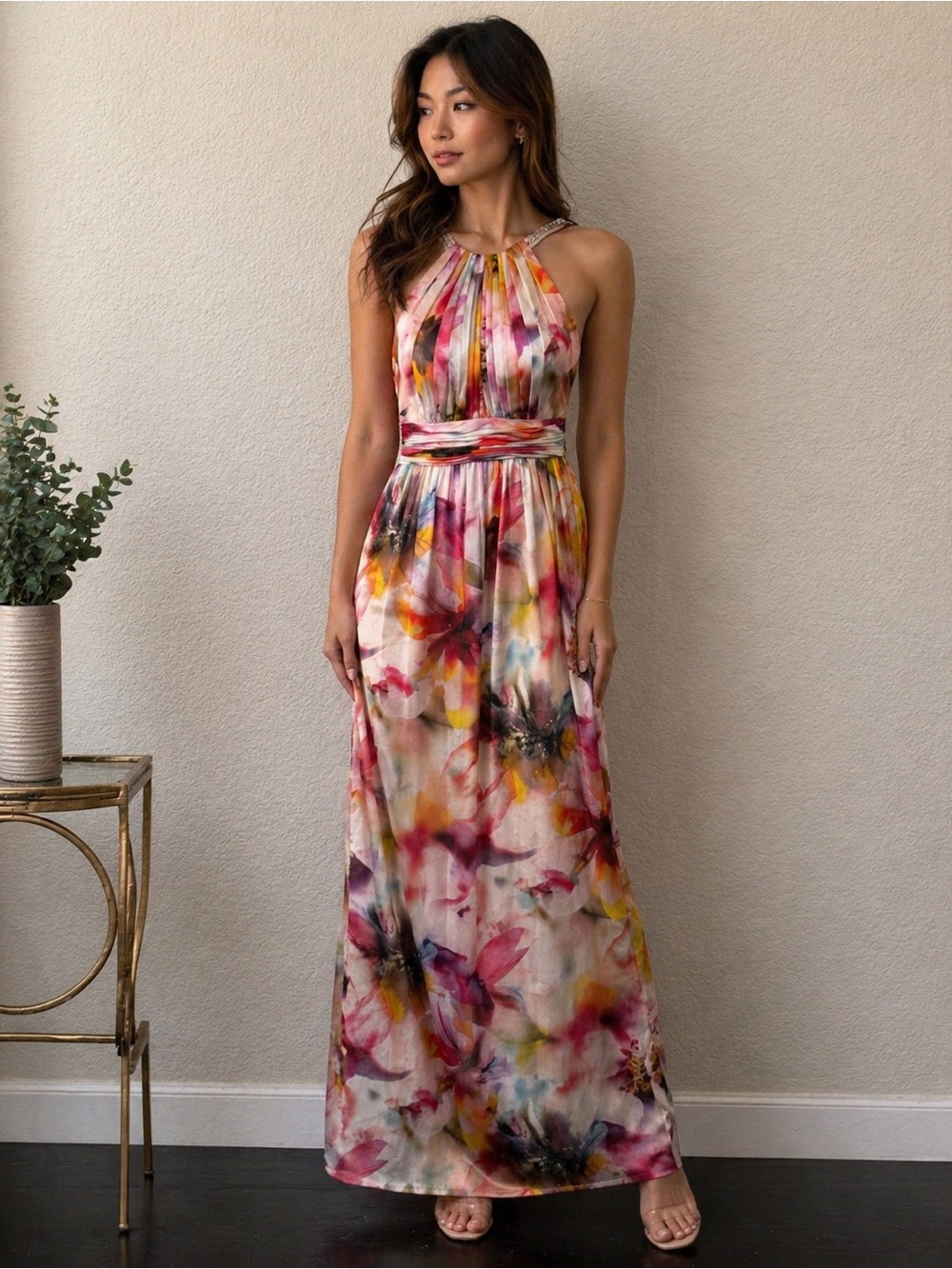 Summery Watercolor Floral Maxi Dress | Romantic Flowing Halter Gown/ NWT